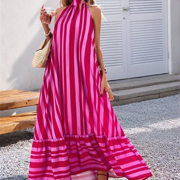 Pink Striped Casual Women's tie halter neck ruffled hem maxi Dress - Picture 3 of 6